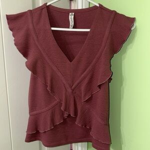 American Rag Plum Ruffled Blouse waffle knit V-neck flutter sleeve fit like XS